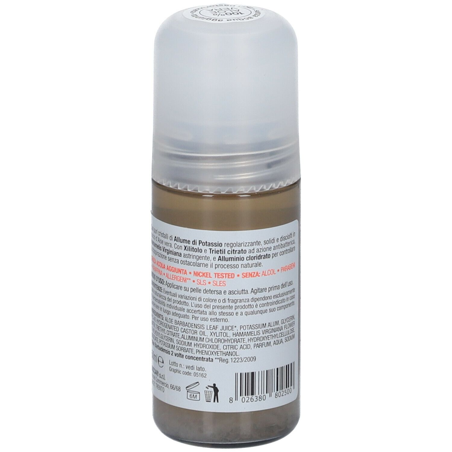 Deodorante roll-on con tappo. Testo sul retro. Scritta: NICKEL TESTED, SENZA ALCOL, SENZA ALLERGENI.