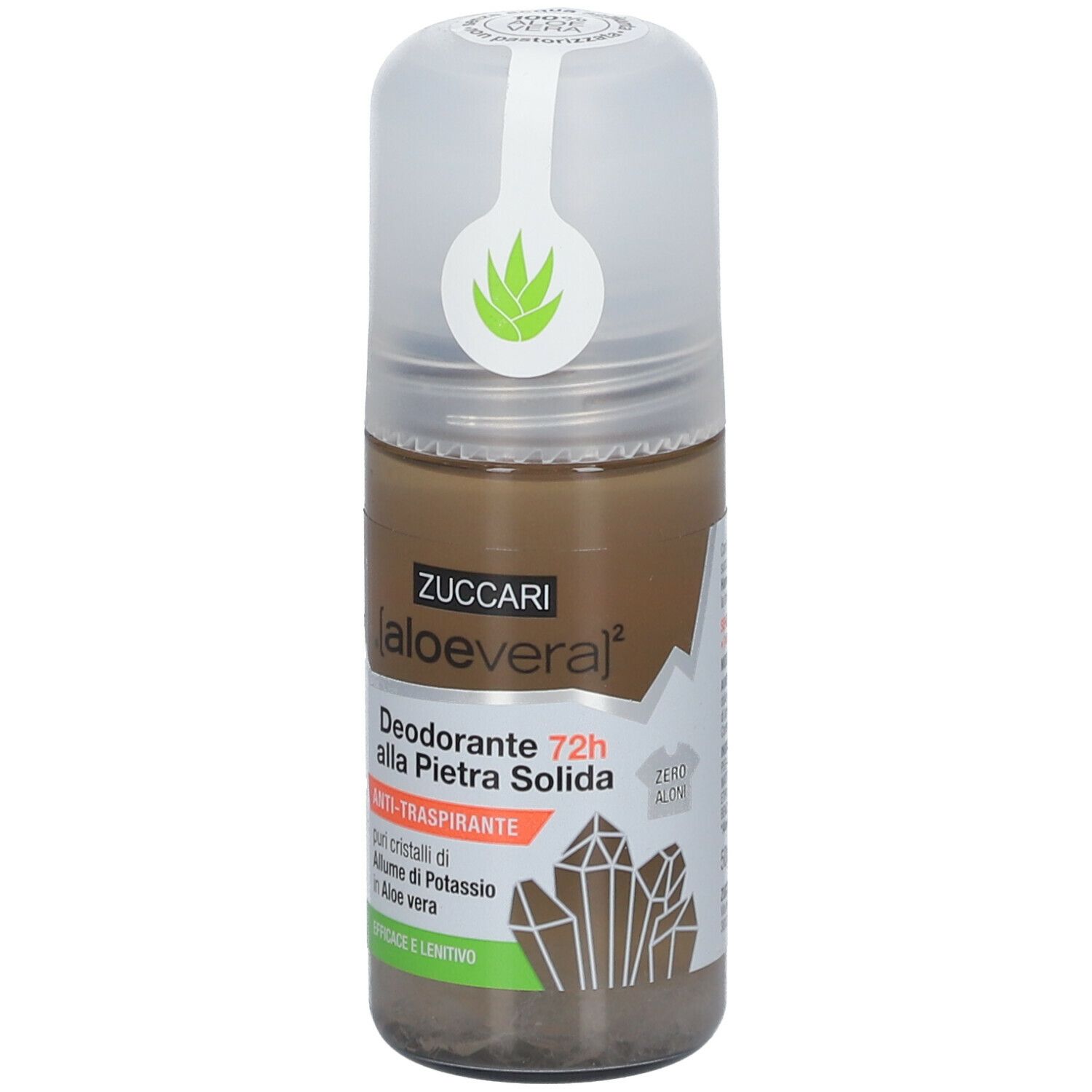 Deodorante roll-on con tappo. Scritta: ZUCCARI aloe vera, Deodorante 72H alla Pietra Solida, Anti-Transpirant, ZERO ALON.
