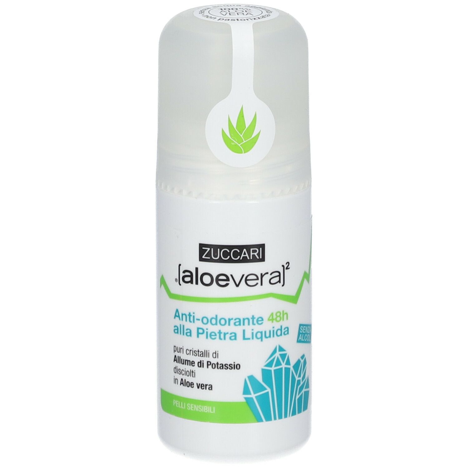 Deodorante roll-on ZUCCARI aloe vera. Scritta: Anti-odorante 48h alla Pietra Liquida. Con cristalli di allume e aloe vera.