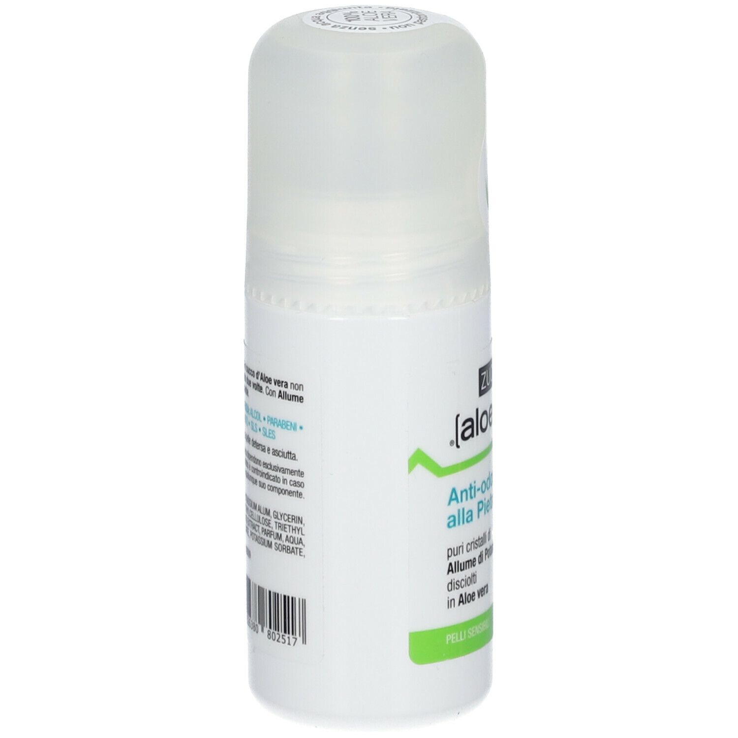 Deodorante roll-on, flacone bianco con tappo. Scritta: ZUCCARI, aloe vera, Anti-odorante 48h. Testo sul retro.