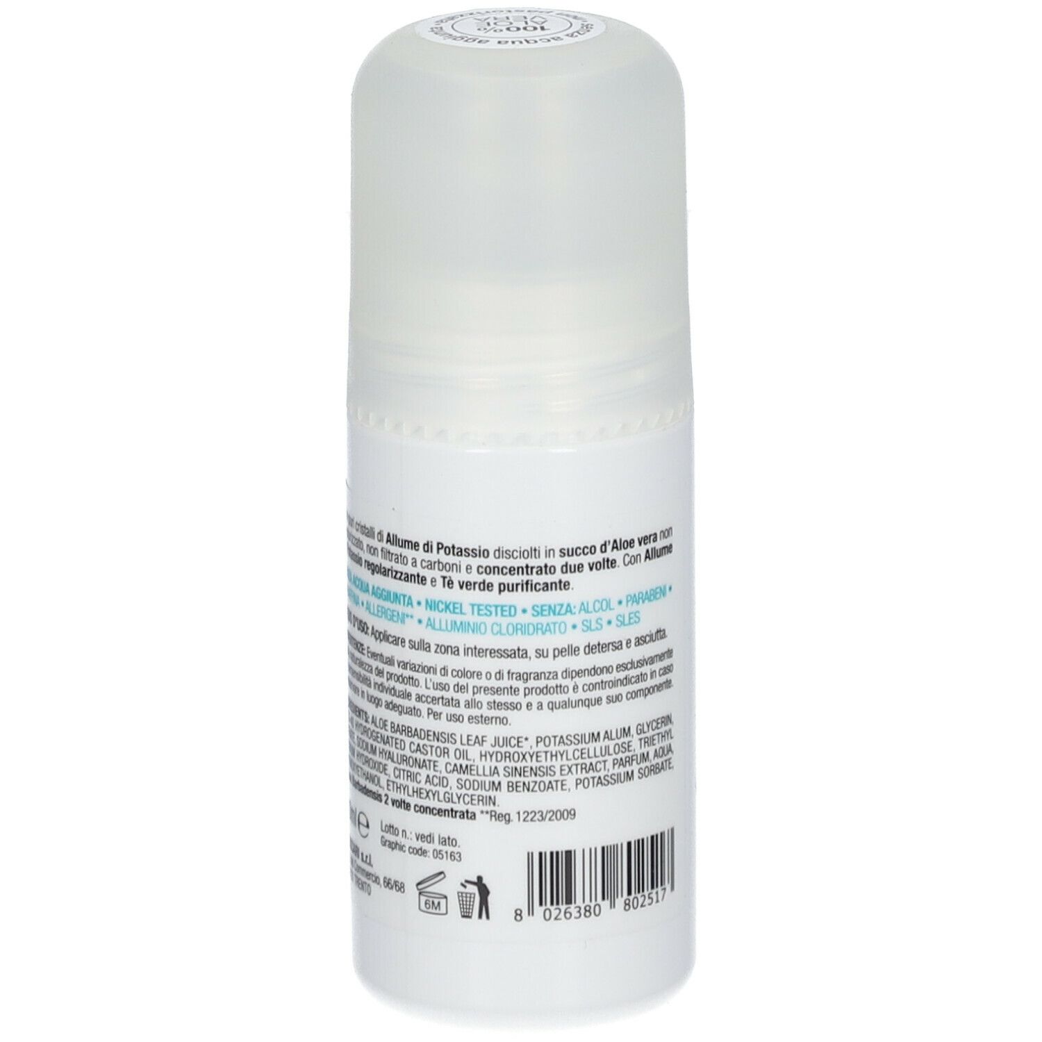 Deodorante roll-on, flacone bianco con tappo. Scritta: ZUCCARI, aloe vera, Anti-odorante 48h. Testo e codice a barre sul retro.