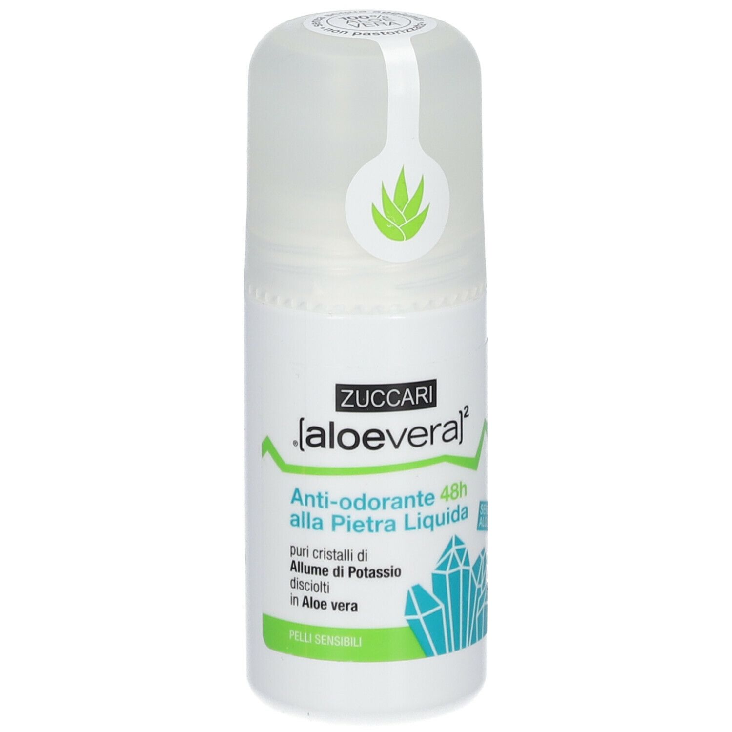 Deodorante roll-on ZUCCARI aloe vera. Scritta: Anti-odorante 48h alla Pietra Liquida. Con cristalli di allume e aloe vera.