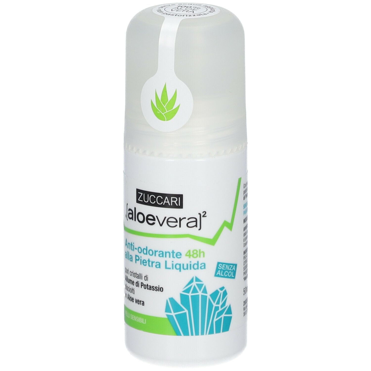 Deodorante roll-on ZUCCARI aloe vera. Scritta: Anti-odorante 48h alla Pietra Liquida. Senza alcool.