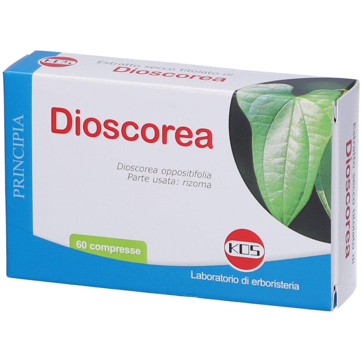 Scatola di Dioscorea con 60 compresse. Scritto: Dioscorea, Dioscorea opposita, Laboratorio di erboristeria.