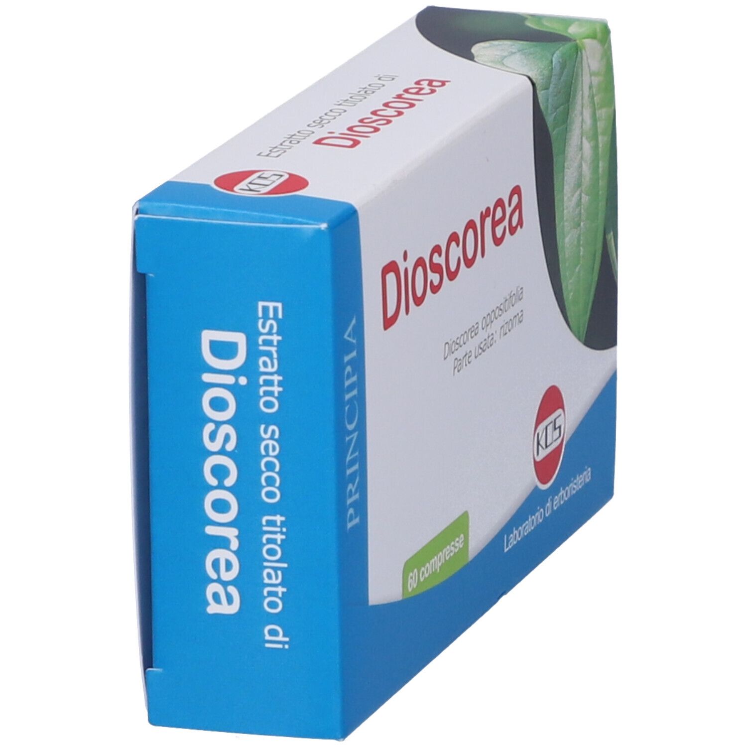 Scatola di Dioscorea, angolata. Scritto: Dioscorea, 60 compresse, Laboratorio di erboristeria. Logo KDS.