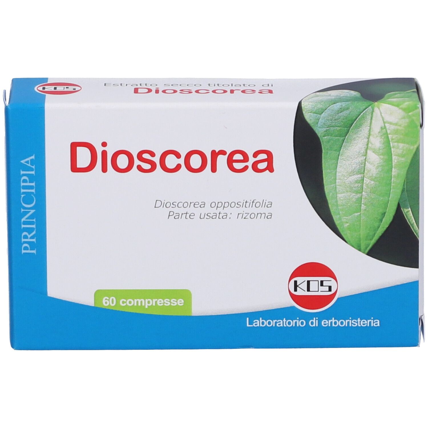 Scatola di Dioscorea con 60 compresse. Scritto: Dioscorea, Dioscorea opposita, Laboratorio di erboristeria.