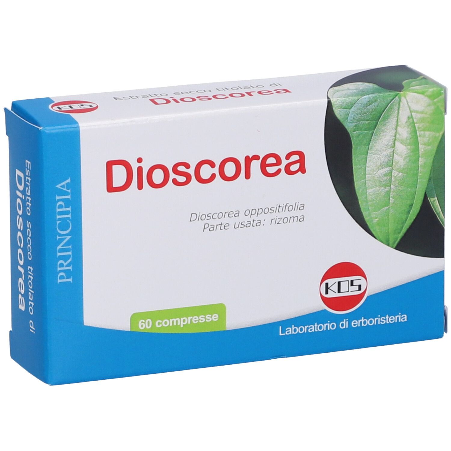 Scatola di Dioscorea con 60 compresse. Scritto: Dioscorea, Dioscorea opposita, Laboratorio di erboristeria.