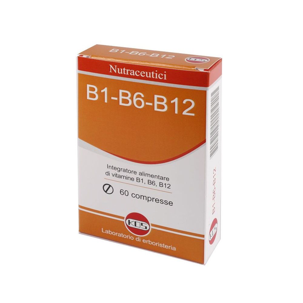 Orangefarbene Schachtel mit "B1-B6-B12" und "60 compresse". Marke KOS. Aufschrift "Nutraceutici".