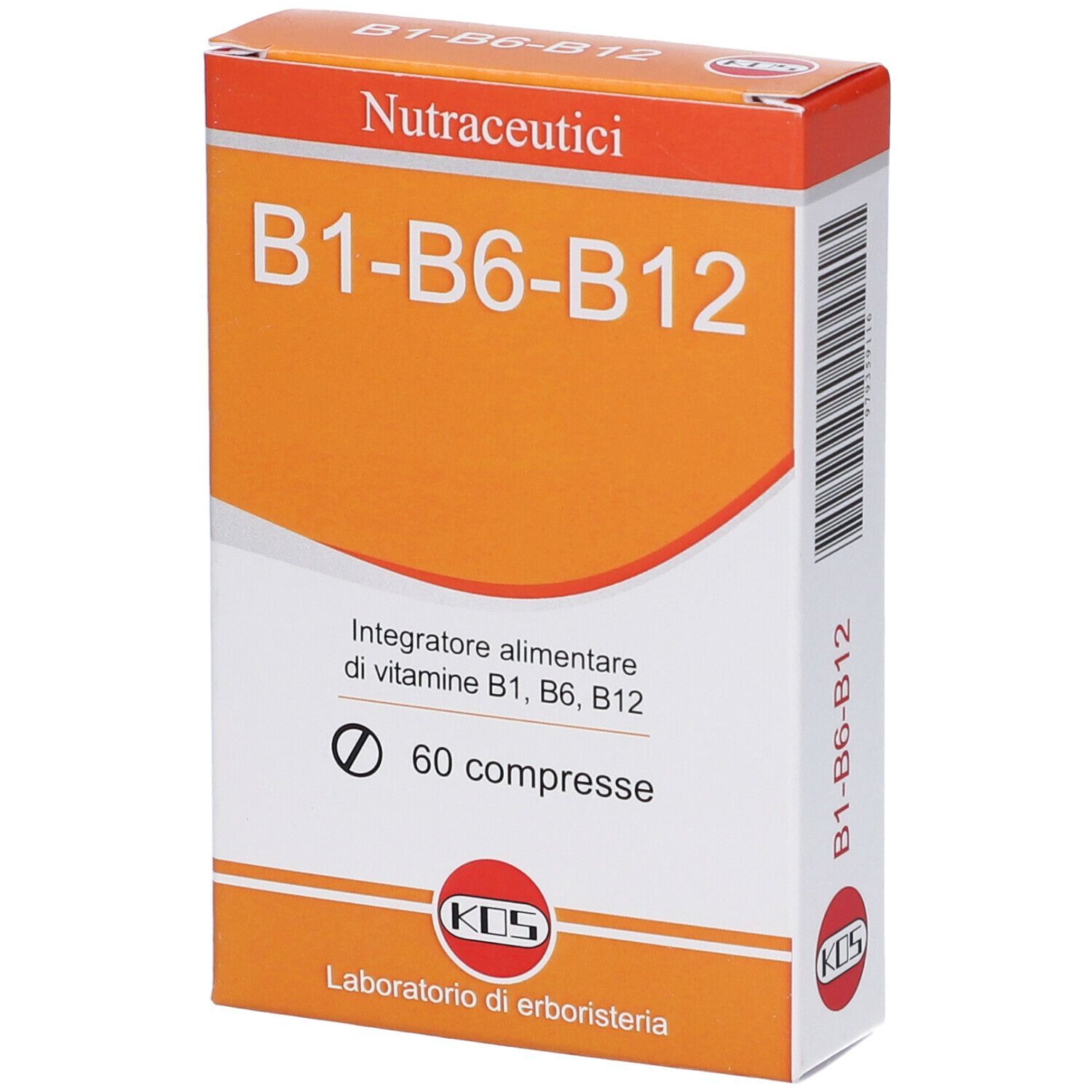 Orangefarbene Schachtel mit "B1-B6-B12" und "60 compresse". Marke KOS. Aufschrift "Nutraceutici".