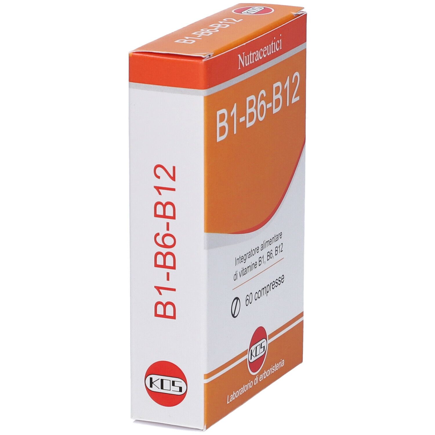 Schachtel mit "B1-B6-B12" und "60 compresse". Marke KOS. Aufschrift "Nutraceutici". Rückseite mit Text und Inhaltsstoffen.