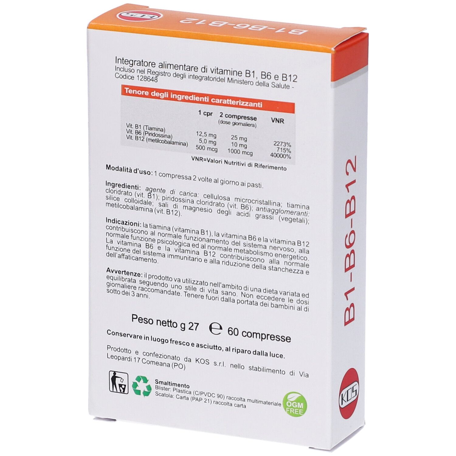 Schachtel mit "B1-B6-B12" und "60 compresse". Marke KOS. Aufschrift "Nutraceutici". Rückseite mit Text und Inhaltsstoffen.