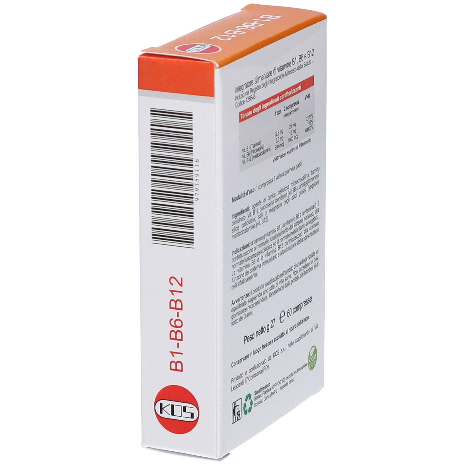 Schachtel mit "B1-B6-B12" und "60 compresse". Marke KOS. Aufschrift "Nutraceutici". Rückseite mit Text und Inhaltsstoffen.