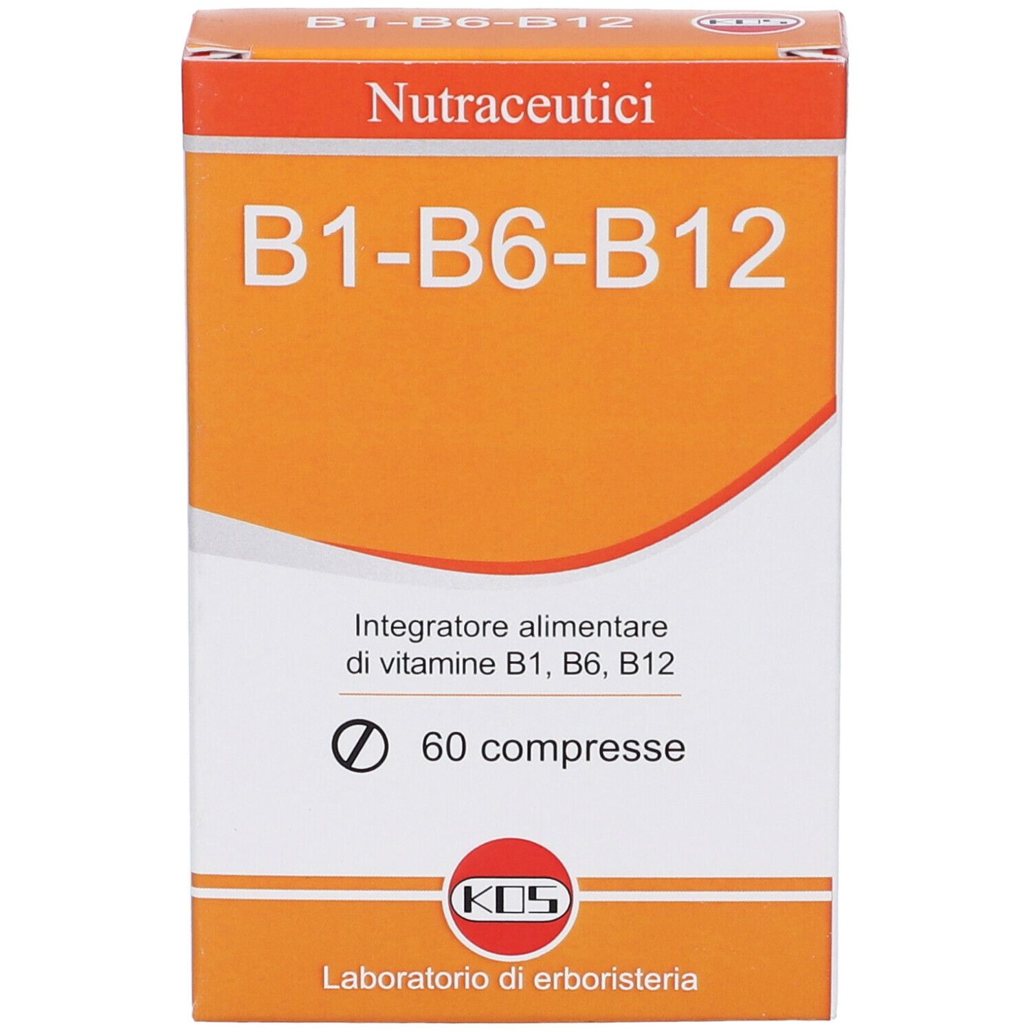Orangefarbene Schachtel mit "B1-B6-B12" und "60 compresse". Marke KOS. Aufschrift "Nutraceutici".