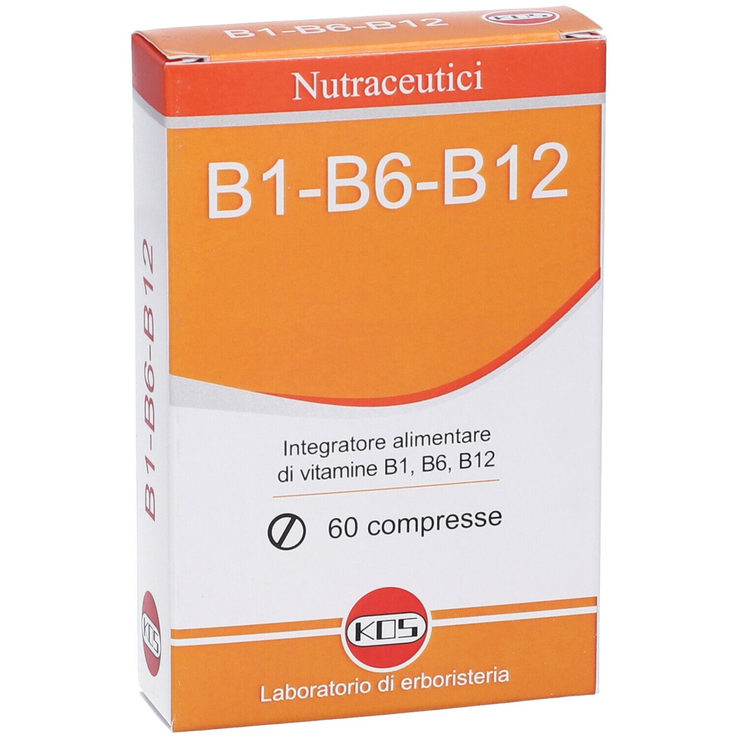 Orangefarbene Schachtel mit "B1-B6-B12" und "60 compresse". Marke KOS. Aufschrift "Nutraceutici".