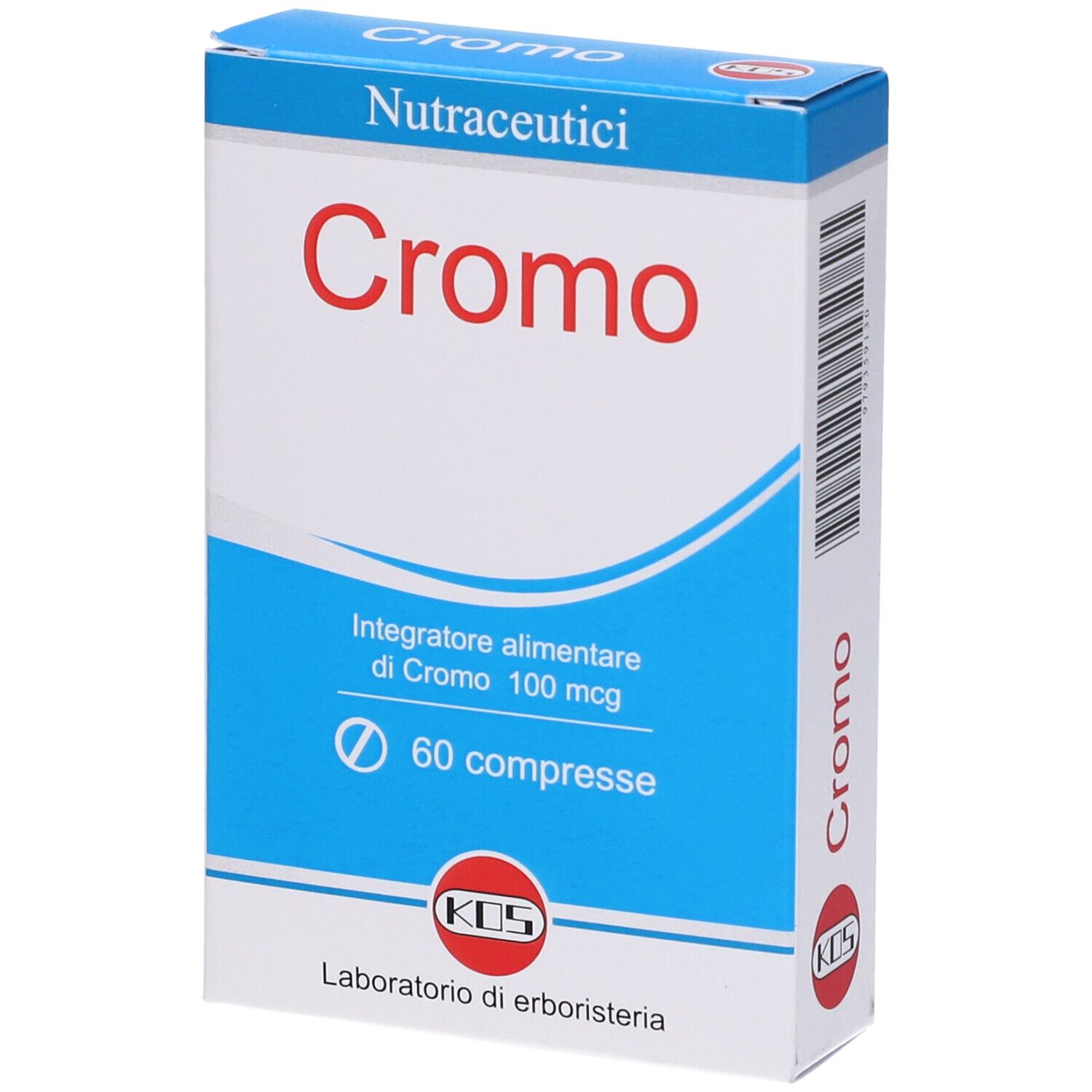 Scatola con scritta rossa "Cromo". Confezione blu e bianca. Contiene 60 compresse. Marchio KOS.