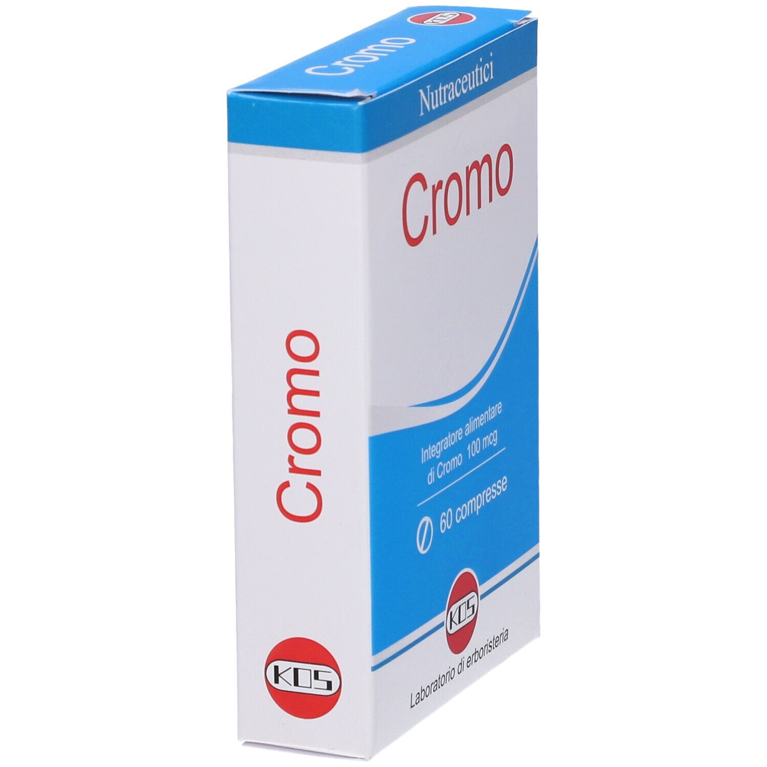 Scatola bianca con scritta rossa "Cromo". Accenti blu. Contiene 60 compresse. Marchio KOS.