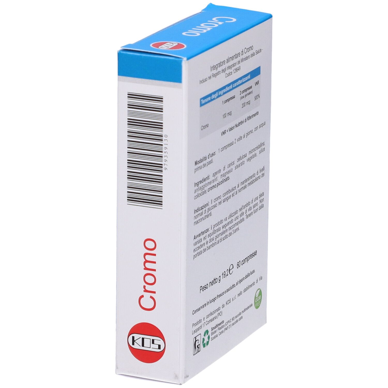 Scatola con scritta rossa "Cromo". Contiene 60 compresse. Marchio KOS. Codice a barre sul lato.