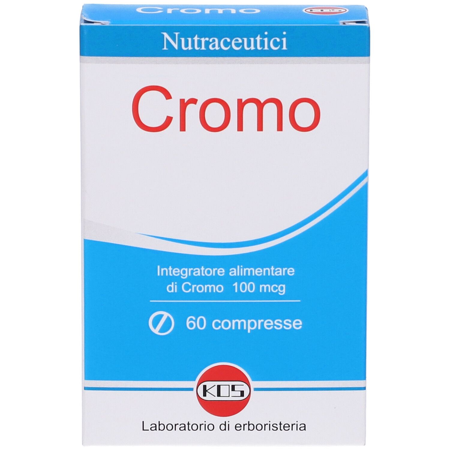 Scatola blu e bianca con scritta rossa "Cromo". Contiene 60 compresse. Marchio KOS.
