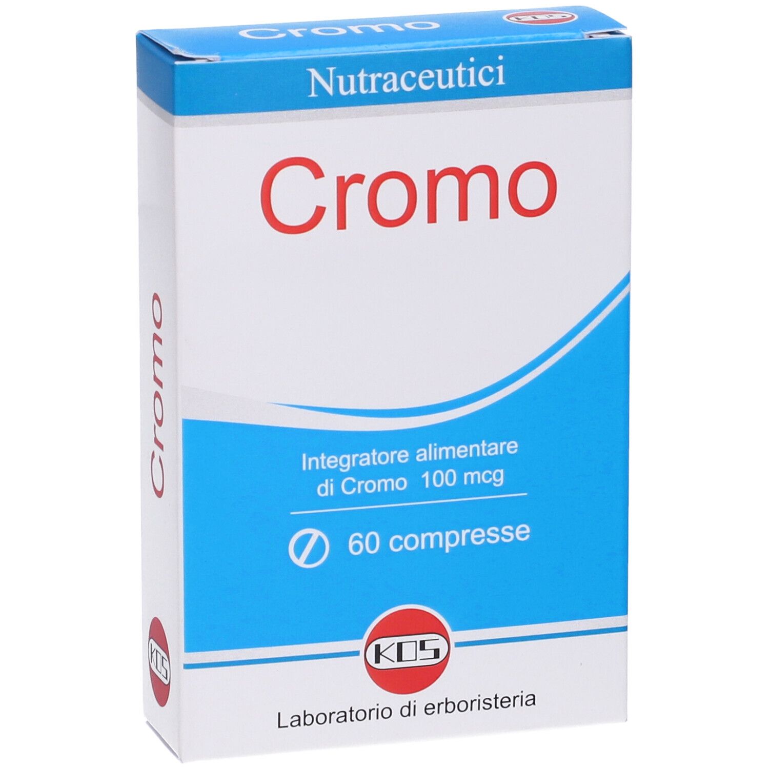Scatola blu e bianca con scritta rossa "Cromo". Contiene 60 compresse. Marchio KOS.