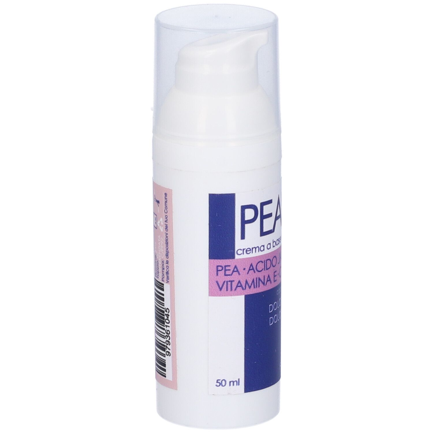 Flacone bianco con pompa ed etichetta PEALEN. Tappo trasparente.