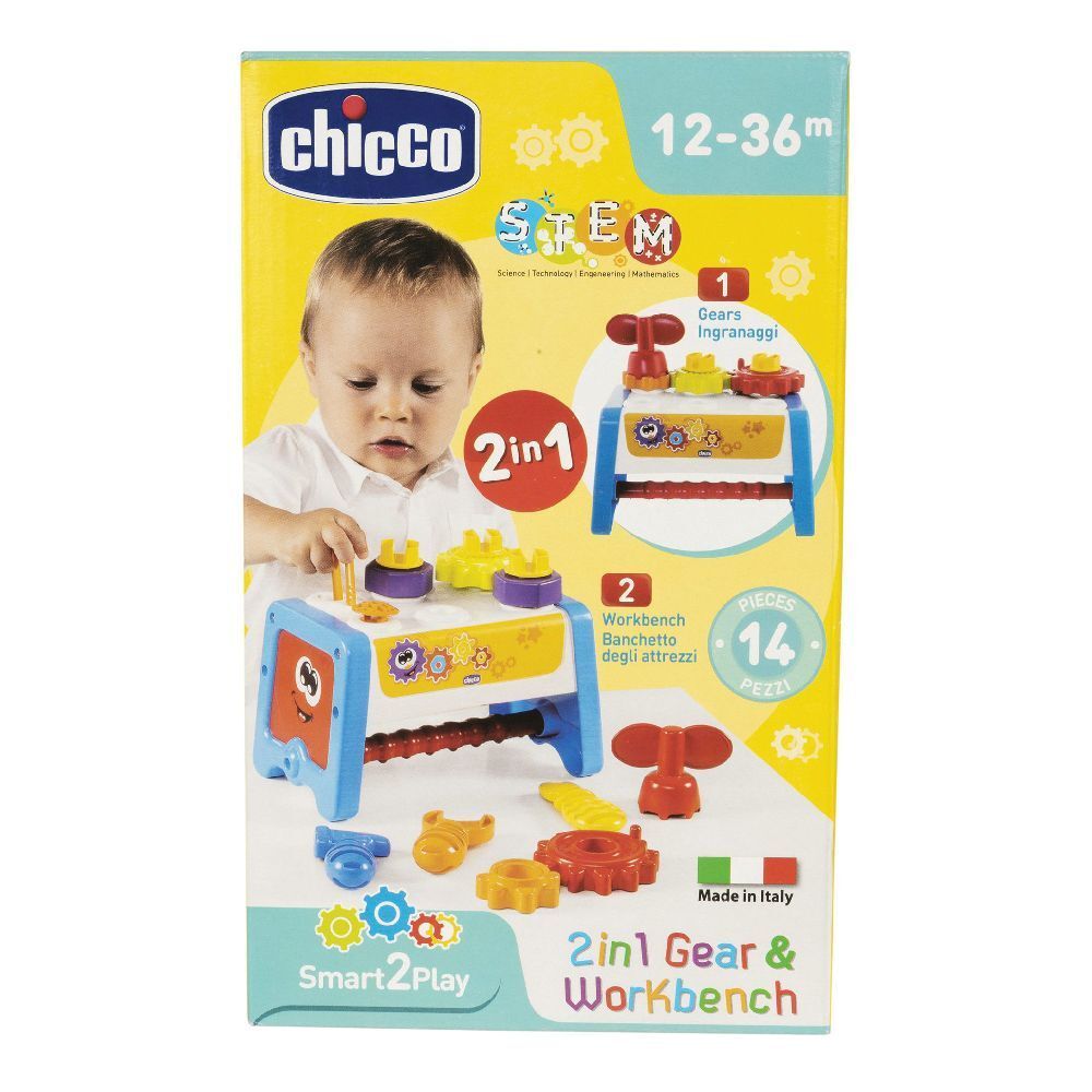 Confezione con banco da lavoro giocattolo. Include ingranaggi e attrezzi. Età: 12-36 mesi. Marca: Chicco. Design 2 in 1.