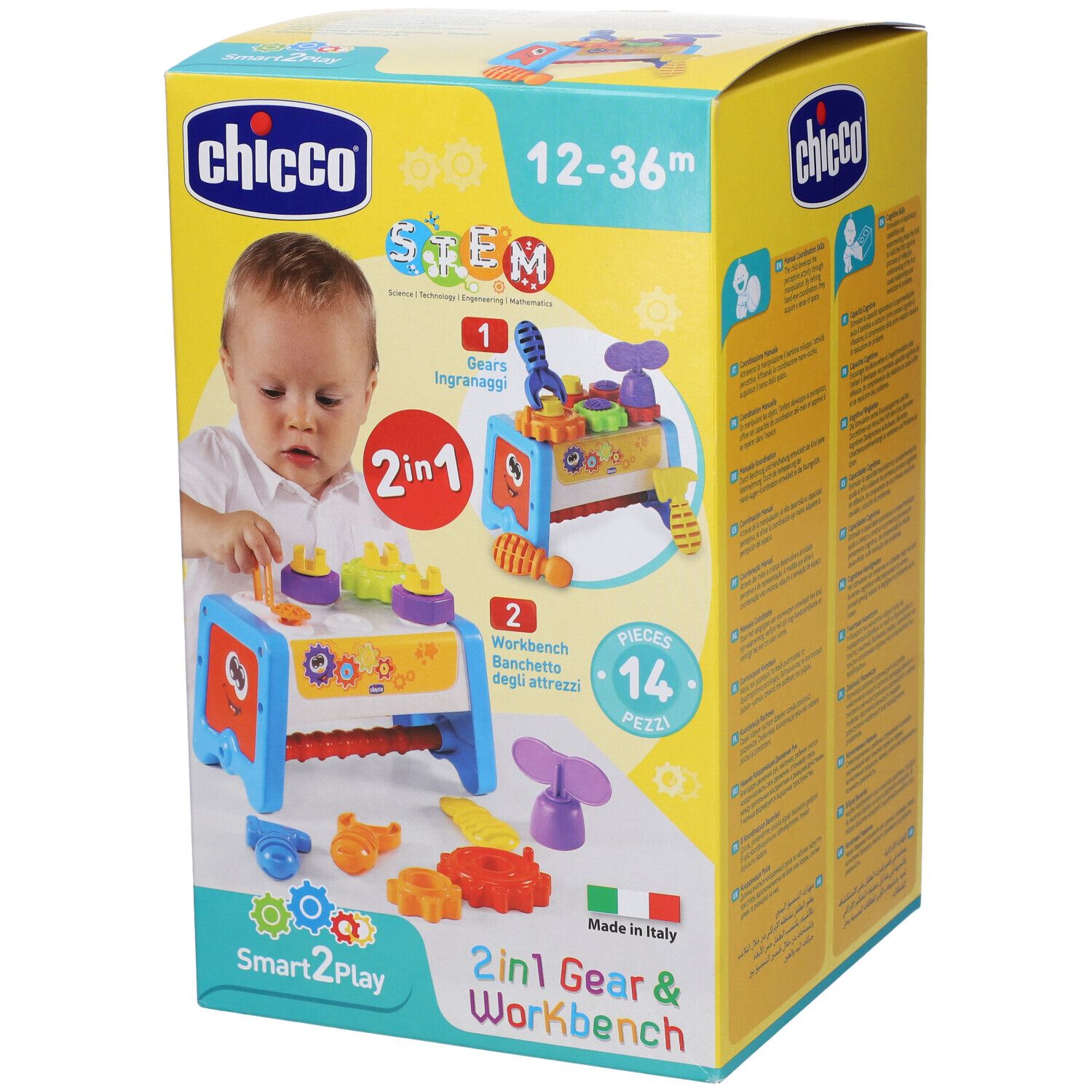 Confezione con banco da lavoro giocattolo. Include ingranaggi e attrezzi. Età: 12-36 mesi. Marca: Chicco. Design 2 in 1.