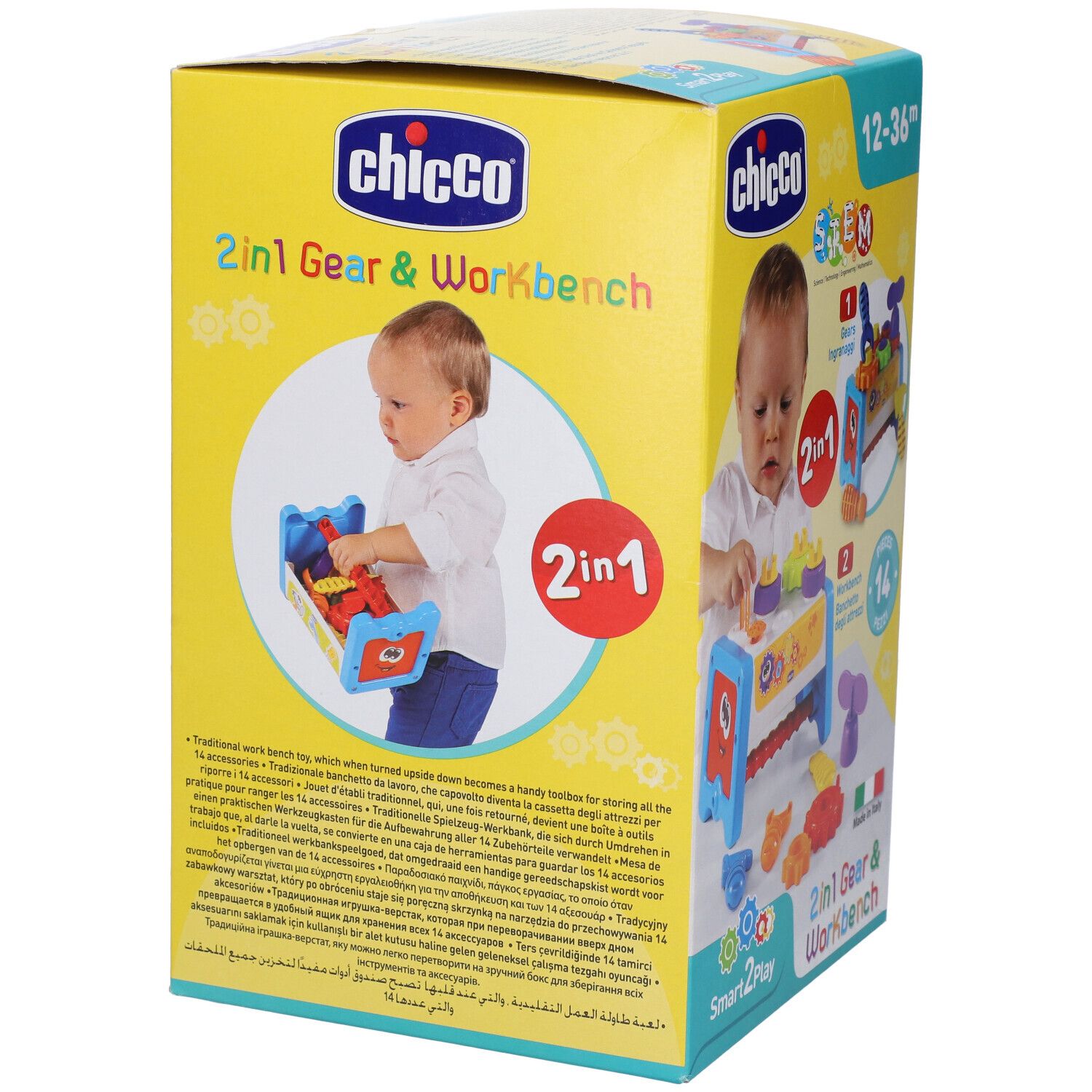 Confezione con banco da lavoro giocattolo. Include ingranaggi e attrezzi. Età: 12-36 mesi. Marca: Chicco. Design 2 in 1.