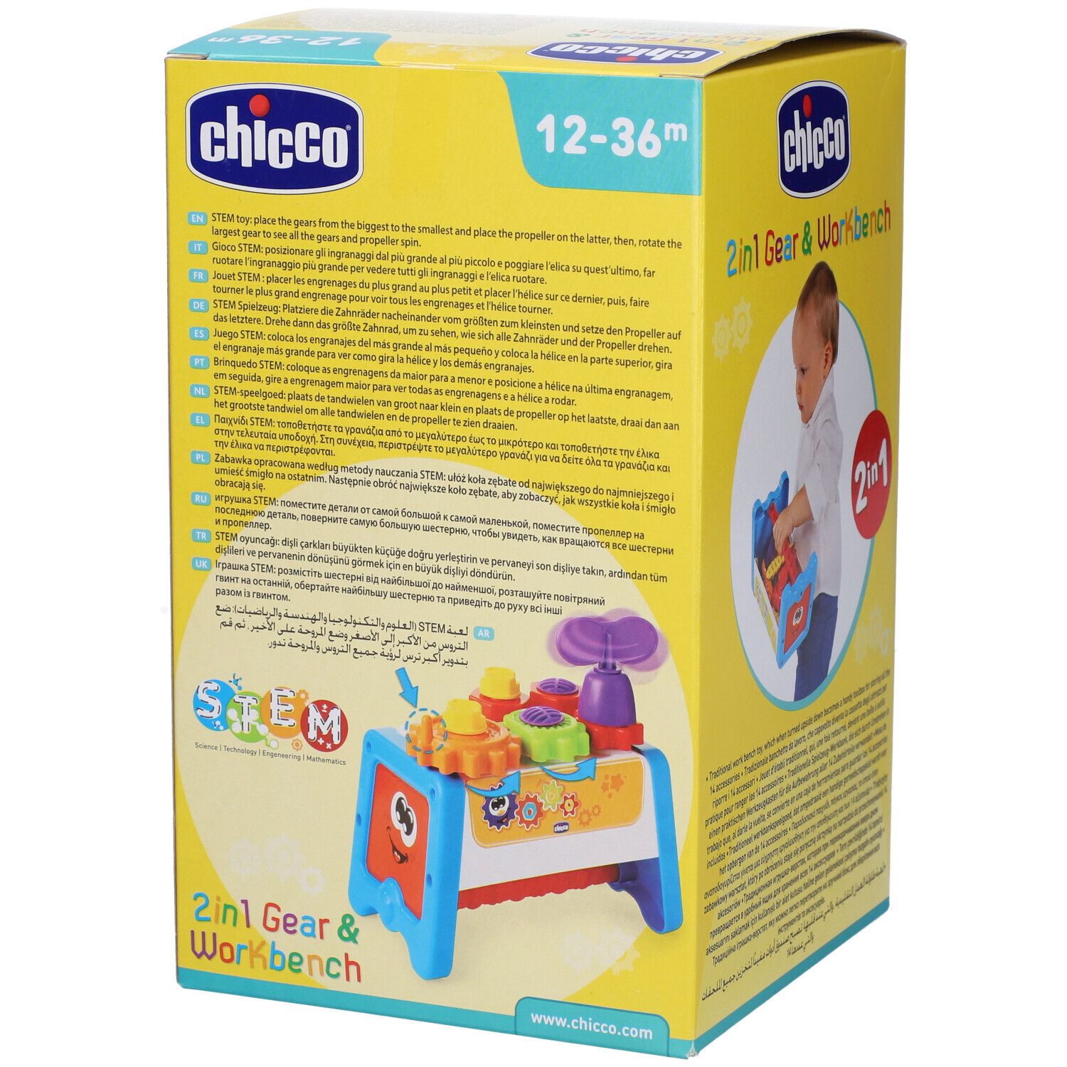 Confezione con banco da lavoro giocattolo. Include ingranaggi e attrezzi. Età: 12-36 mesi. Marca: Chicco. Design 2 in 1.