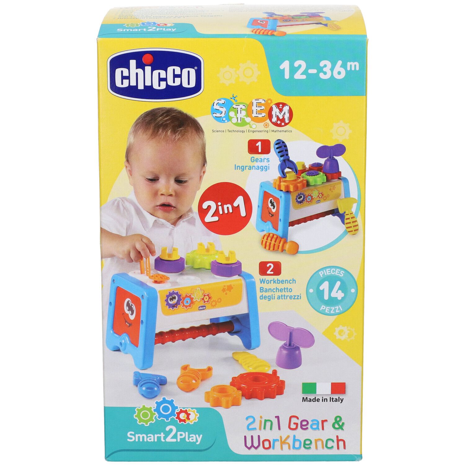Confezione con banco da lavoro giocattolo. Include ingranaggi e attrezzi. Età: 12-36 mesi. Marca: Chicco. Design 2 in 1.