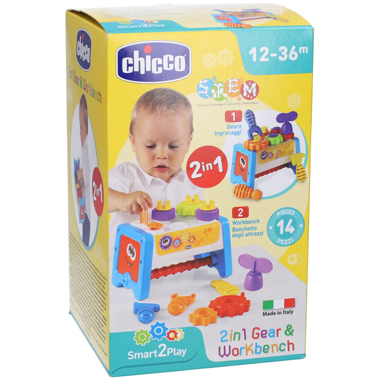 Confezione con banco da lavoro giocattolo. Include ingranaggi e attrezzi. Età: 12-36 mesi. Marca: Chicco. Design 2 in 1.