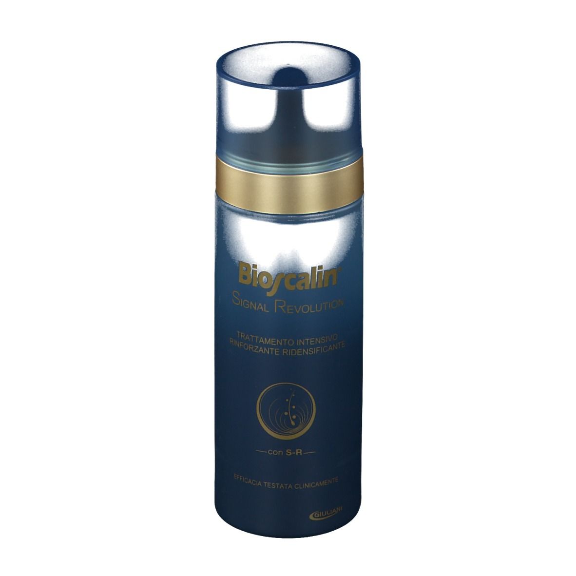 Flacone blu con anello dorato. Scritta: Bioscalin Signal Revolution. Tappo trasparente. Testo in italiano.