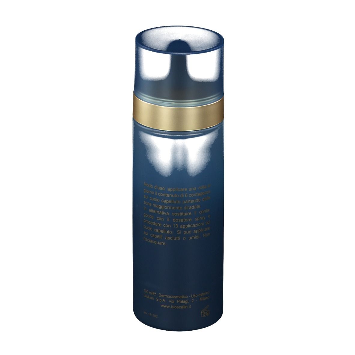 Flacone blu con anello dorato e tappo trasparente. Testo in italiano sul retro del prodotto.