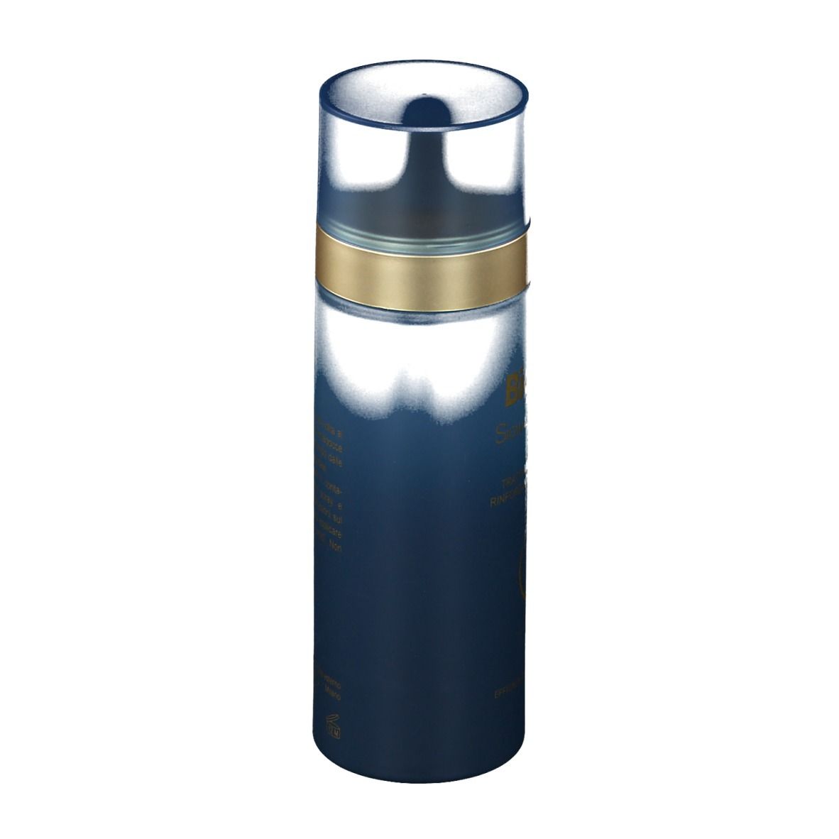 Flacone blu con anello dorato e tappo trasparente. Testo in italiano sul retro del prodotto.