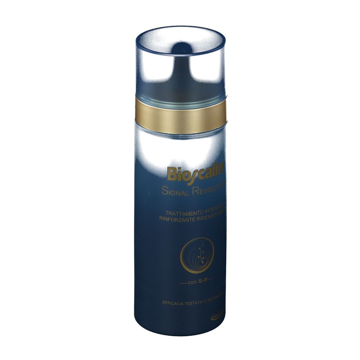 Flacone blu con anello dorato e tappo trasparente. Scritta: Bioscalin Signal Revolution. Testo in italiano.
