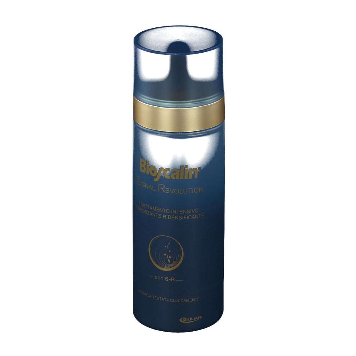Flacone blu con anello dorato e tappo trasparente. Scritta: Bioscalin Signal Revolution. Testo in italiano.