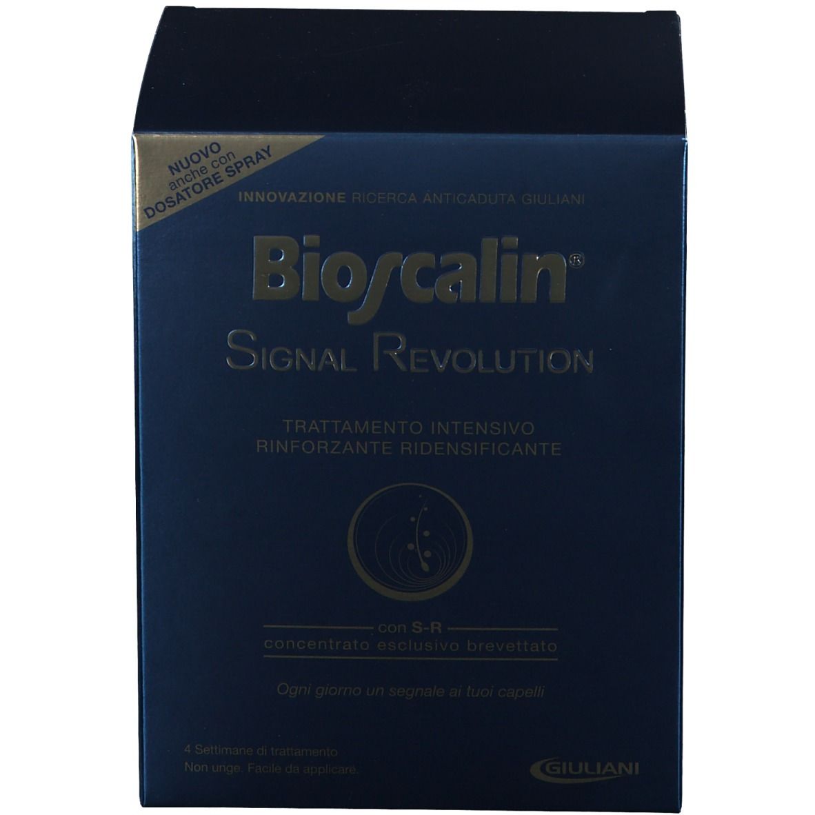 Confezione prodotto blu. Scritta: Bioscalin Signal Revolution. Testo in italiano. Dettagli dorati.