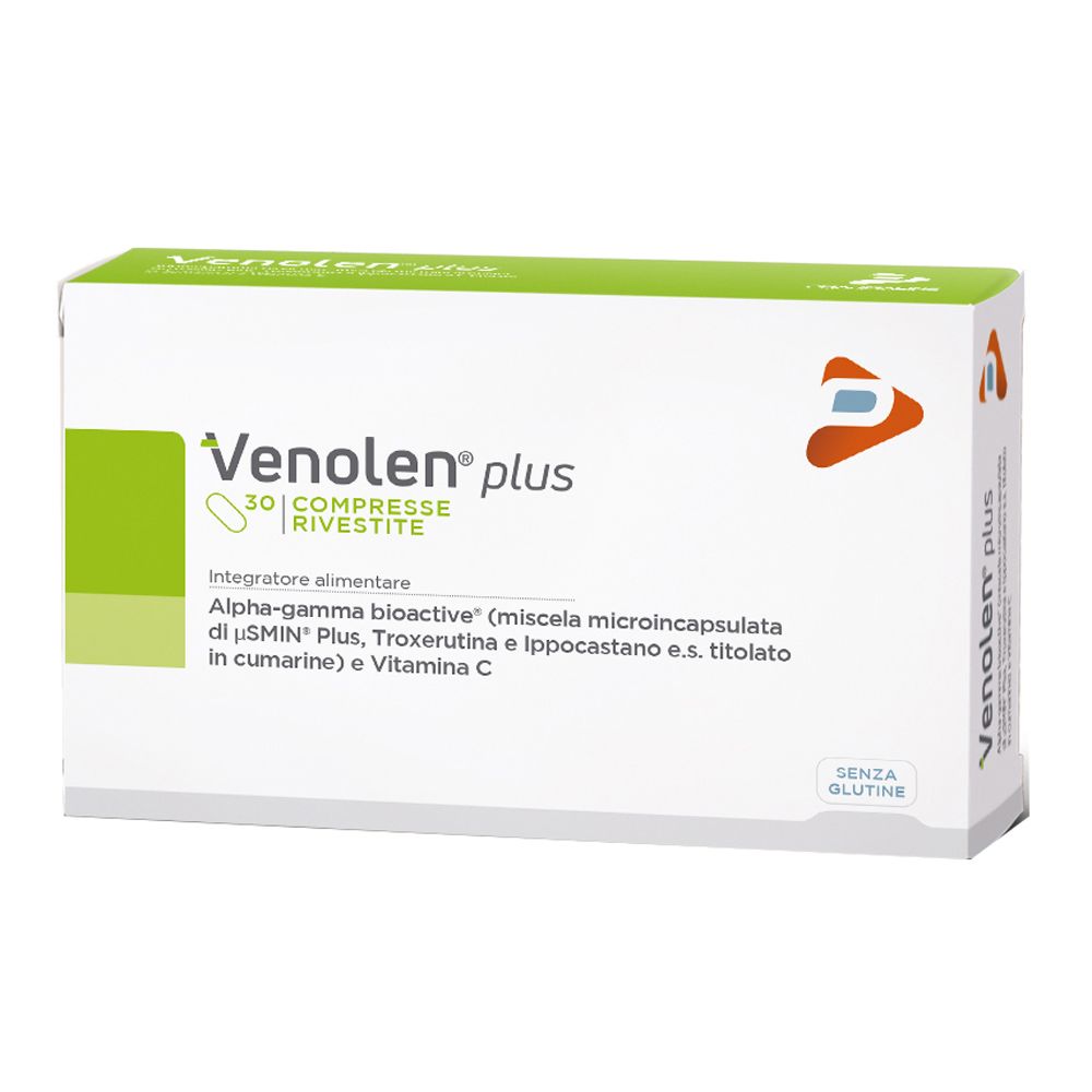 Scatola di Venolen plus Compresse. Scritto: 30 Compresse Rivestite. Contiene Alpha-gamma bioactive, Troxerutina e vitamina C.