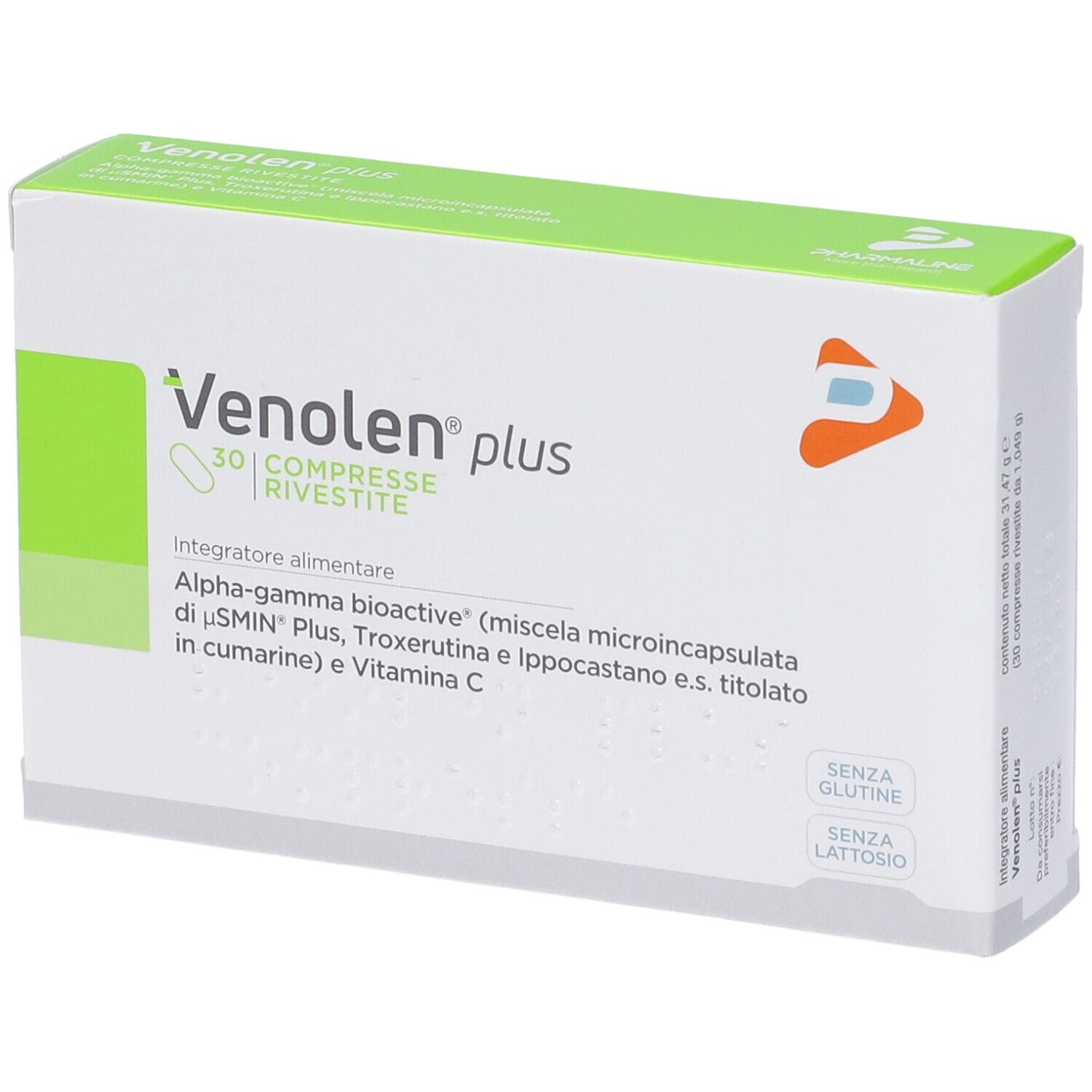 Scatola di Venolen plus Compresse. Scritto: 30 Compresse Rivestite. Contiene Alpha-gamma bioactive, Troxerutina e vitamina C.
