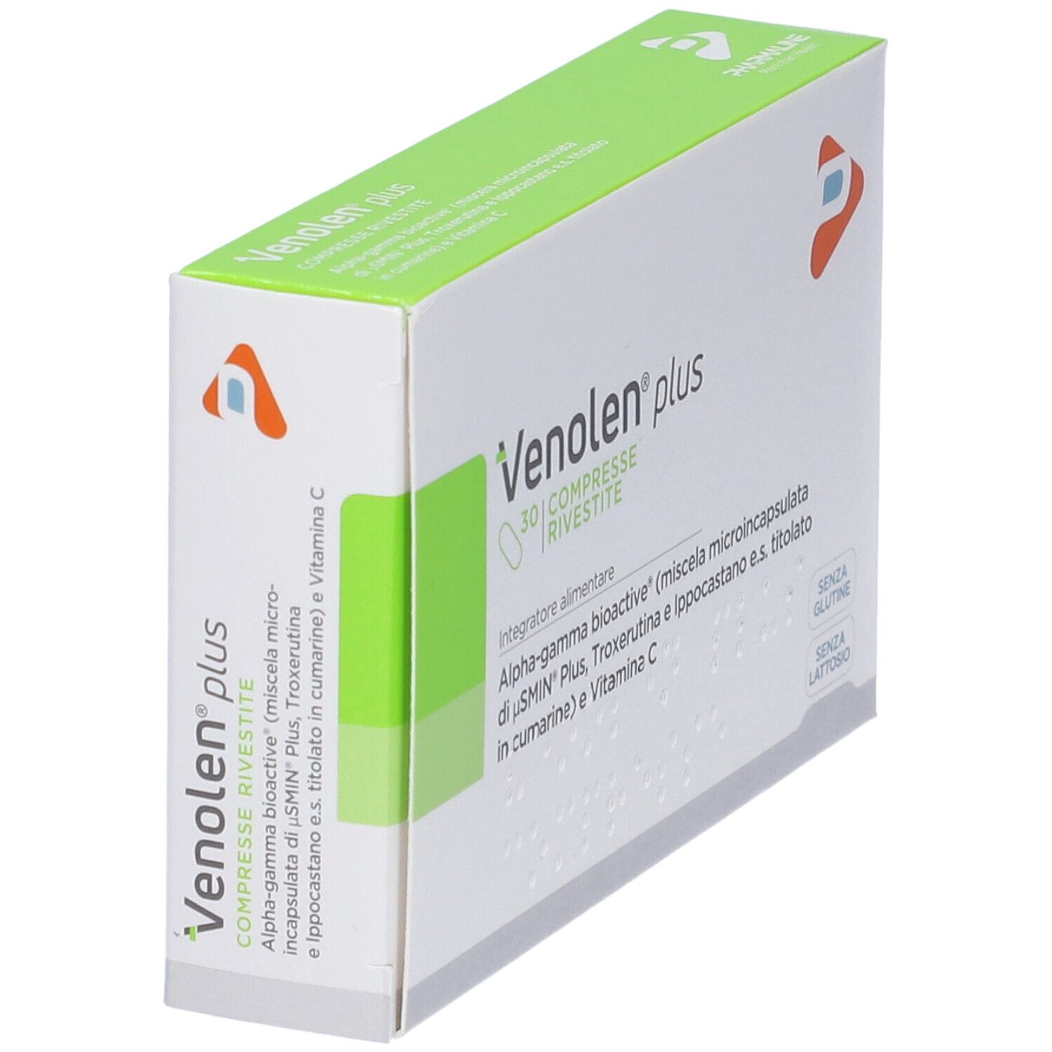 Scatola di Venolen plus Compresse. Scritto: 30 Compresse Rivestite. Contiene Alpha-gamma bioactive, Troxerutina e vitamina C.