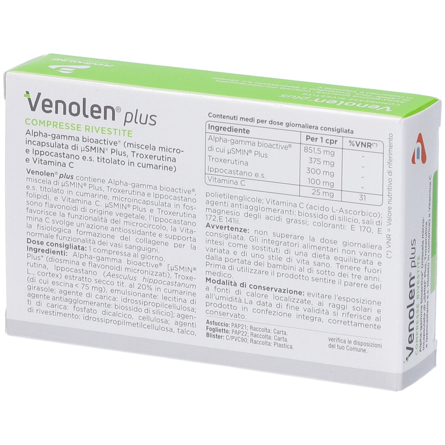Scatola di Venolen plus Compresse. Retro con ingredienti e dosaggio. Contiene Alpha-gamma bioactive, Troxerutina e vitamina C.