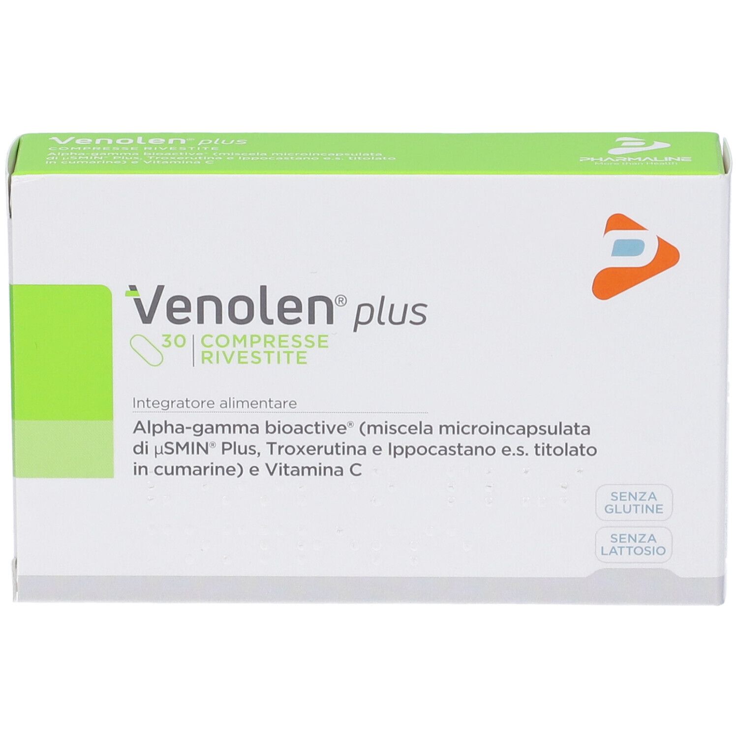 Scatola di Venolen plus Compresse. Scritto: 30 Compresse Rivestite. Contiene Alpha-gamma bioactive, Troxerutina e vitamina C.