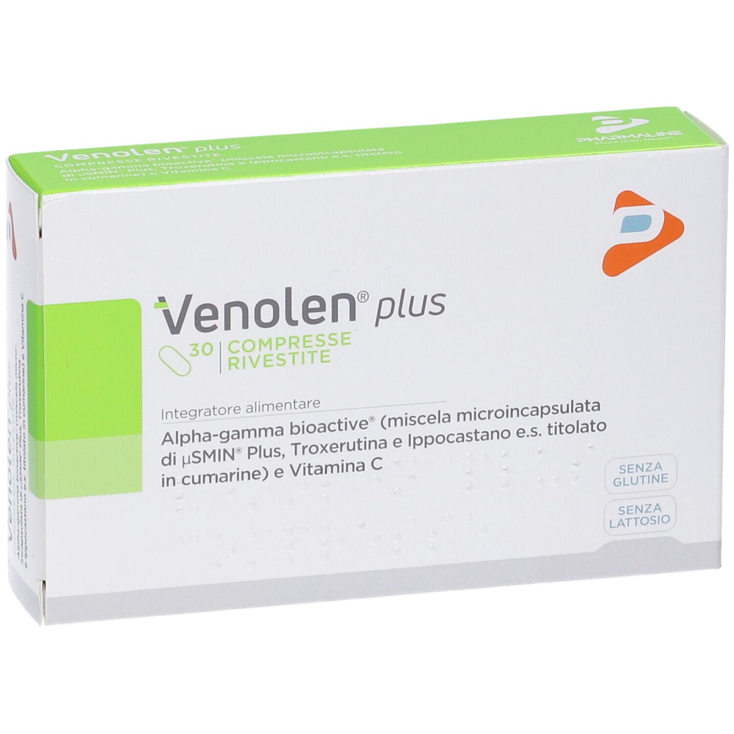 Scatola di Venolen plus Compresse. Scritto: 30 Compresse Rivestite. Contiene Alpha-gamma bioactive, Troxerutina e vitamina C.