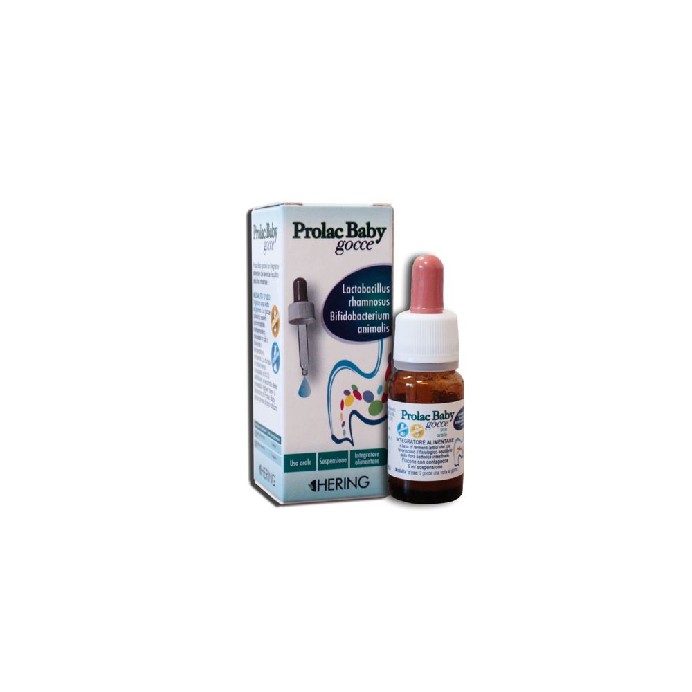 Scatola e flacone Prolac Baby Gocce. Flacone con contagocce, vetro marrone. Scatola con informazioni sul prodotto.