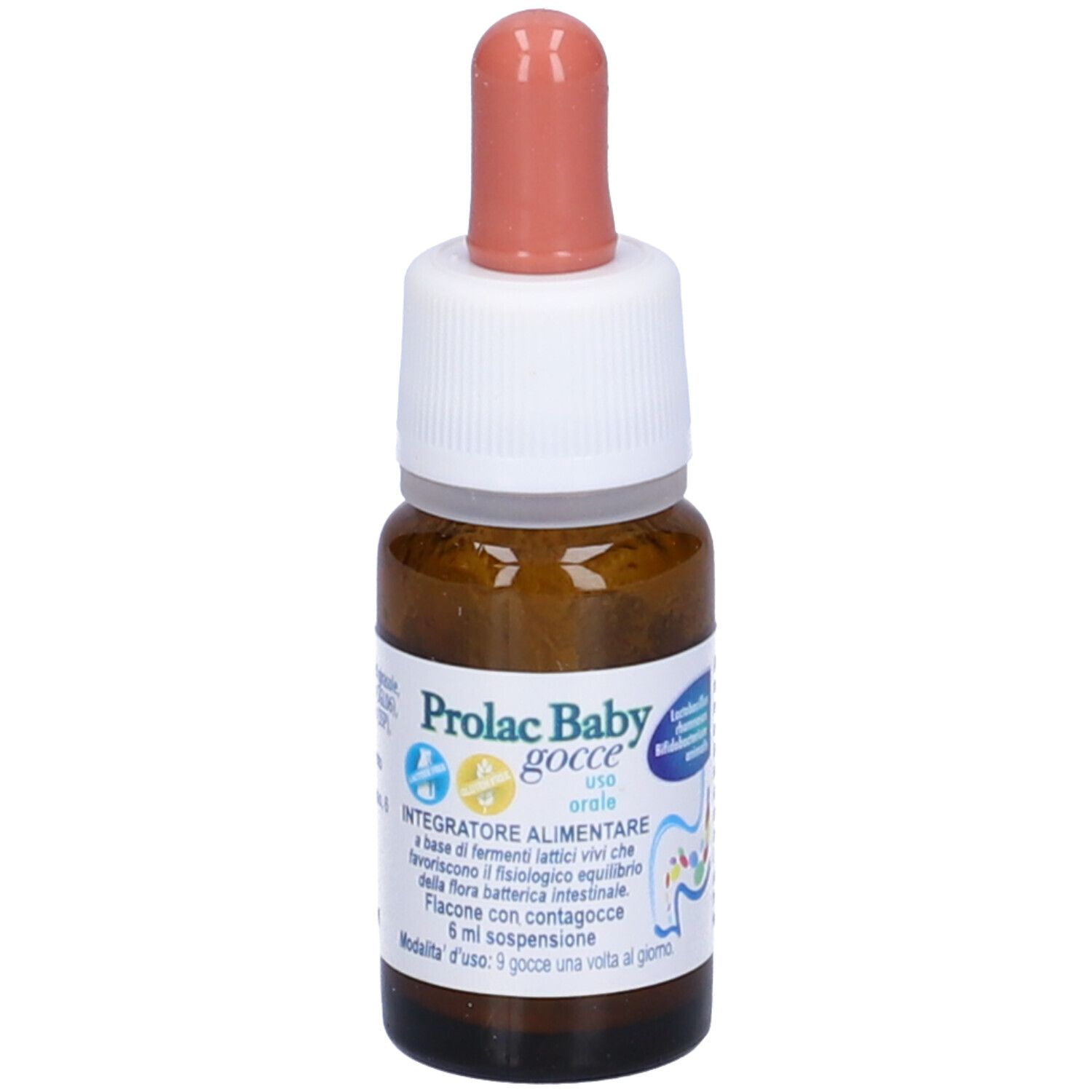 Flacone in vetro marrone con contagocce rosa. Scritta: Prolac Baby gocce, Integratore alimentare, uso orale.