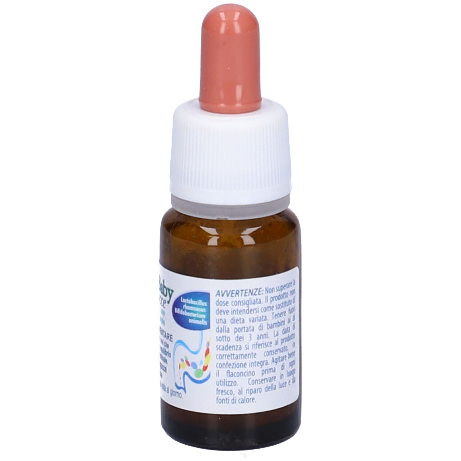 Flacone in vetro marrone con contagocce rosa. Scritta: Prolac Baby gocce, Integratore alimentare, uso orale. Avvertenze.