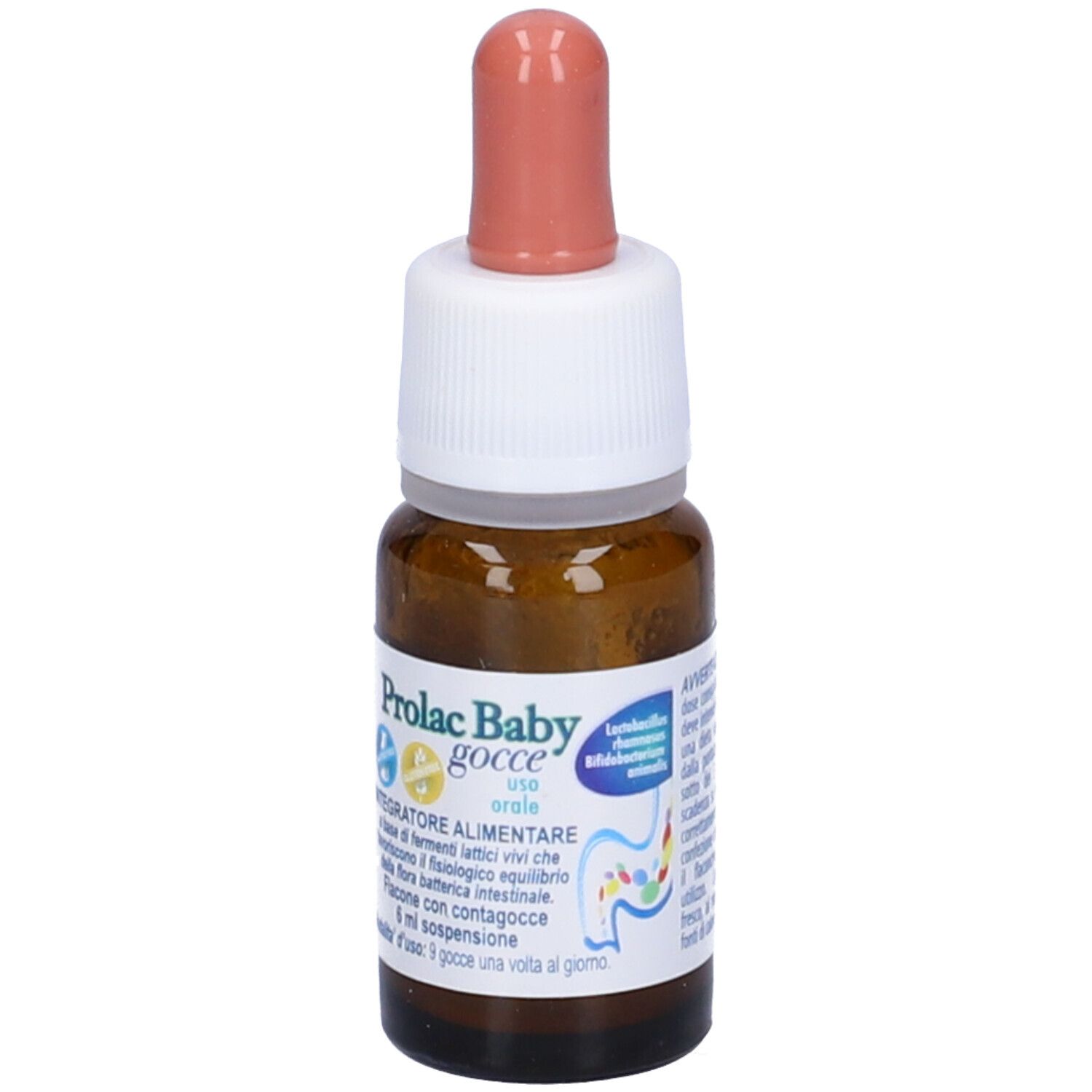 Flacone in vetro marrone con contagocce rosa. Scritta: Prolac Baby gocce, Integratore alimentare, uso orale. Informazioni sul prodotto.