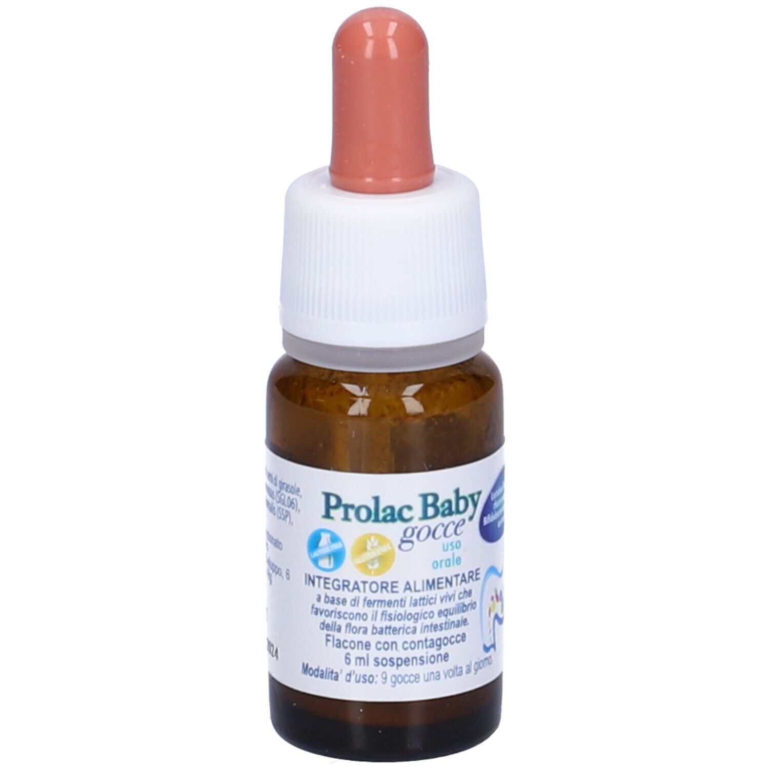 Flacone in vetro marrone con contagocce rosa. Scritta: Prolac Baby gocce, Integratore alimentare, uso orale. Flacone da 6 ml.
