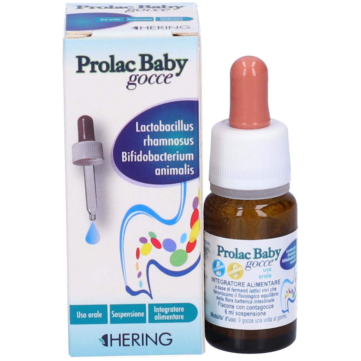 Scatola e flacone Prolac Baby Gocce. Flacone con contagocce, vetro marrone. Scatola con informazioni e immagine del contagocce.