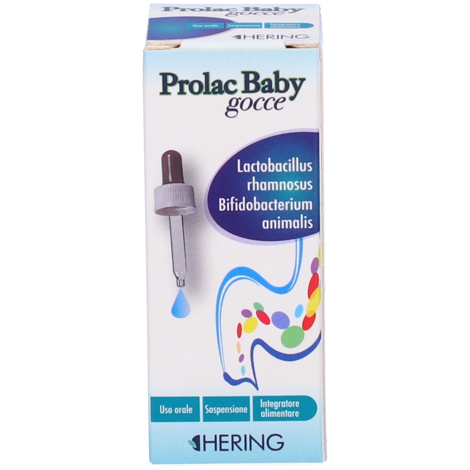 Scatola Prolac Baby Gocce. Nome del prodotto, ingredienti, istruzioni per l'uso e immagine del contagocce.