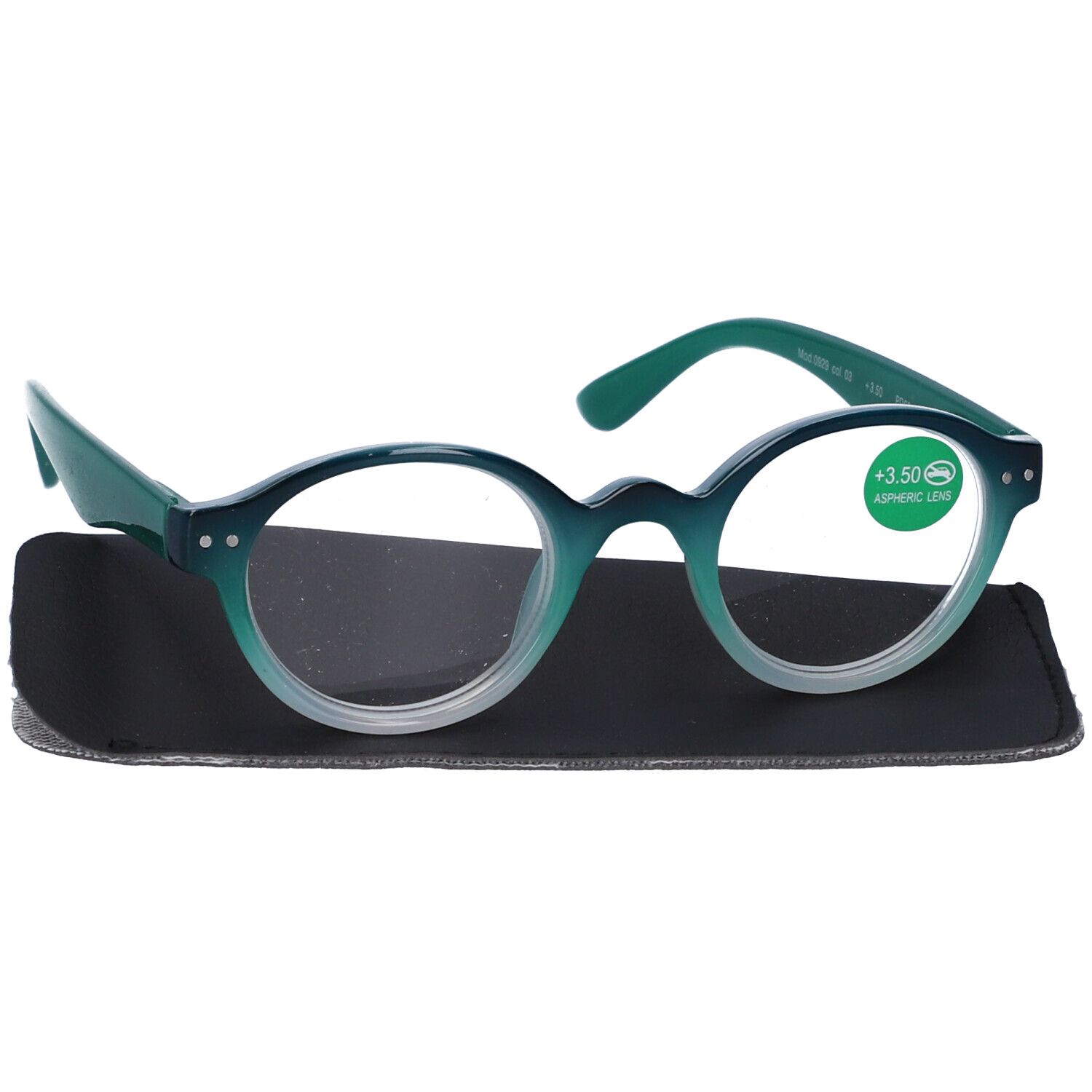 Occhiali da lettura con montatura verde-blu, custodia nera. Lenti rotonde, adesivo +3,50 diottrie.